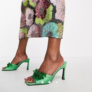 ASOS Design Embellished Mid-Heeled Mules in Green Satin